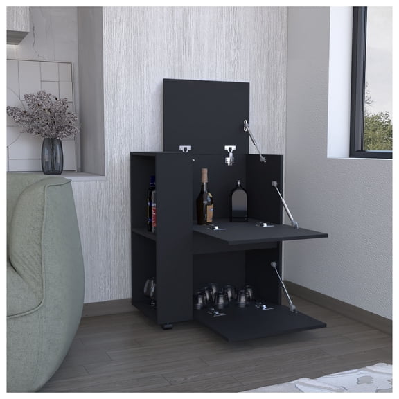 DEPOT E-SHOP Tully Bar Cart Two Pull-Down Door Cabinets and Two Open Shelves,Black