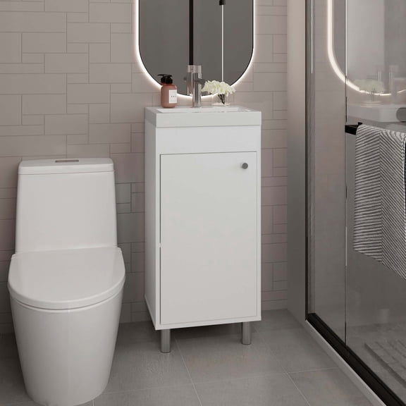 DEPOT E-SHOP Valdez Bathroom Vanity 1 Door 2 Shelves White - Small Space Saver Vanity with Legs