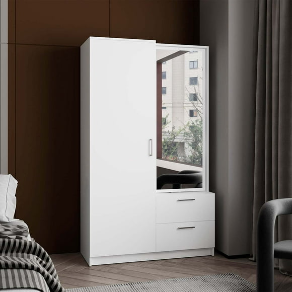 DEPOT E-SHOP DE-CLB11515 Vinco Armoire, 1 Door, 2 Drawers, 6 Shelves, 1 Mirror, White