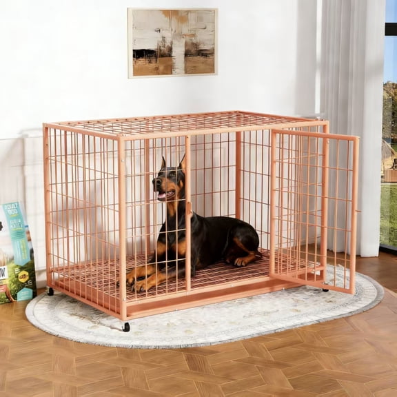 DEPTOK 48" Heavy Duty Dog Crate Cage with 4 Lockable Wheels for Indoor & Outdoor, Single-Door, XXL Dog Kennel for Large Dog, Max Load 300Lbs（Orange）