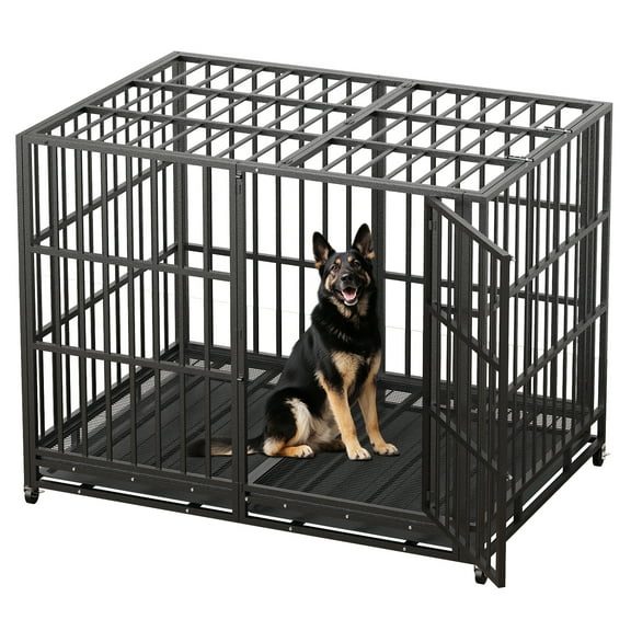 Deptok 60 Inch Heavy Duty Dog Crate - Premium Steel Construction for Chew-Proof Durability, Double Door Design with Secure Locks, Removable Tray & Locking Wheels, Black