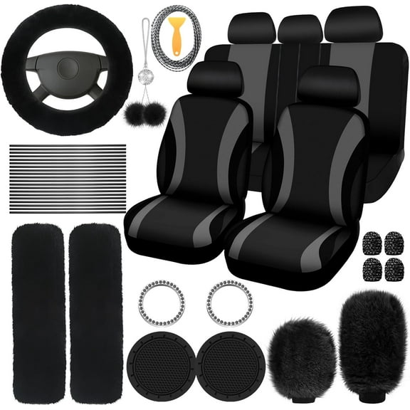 DER 43 Pcs Car Seat Cover Full Set Fuzzy Car Accessories for Women Christmas Front Rear Cover Fluffy Steering Wheel Cover Belt Handbrake Shift Cover(Black)