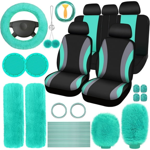 DER 43 Pcs Car Seat Cover Full Set Fuzzy Car Accessories for Women Christmas Front Rear Cover Fluffy Steering Wheel Cover Belt Handbrake Shift Cover(Mint)