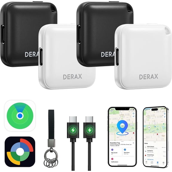 DERAX Bluetooth Tracker (iOS and Android) 4 Pack, Rechargeable Tracker Tags Compatible with iOS and Android, Anti-Lost Item Finder for Keys Wallet Luggage Backpack, Black