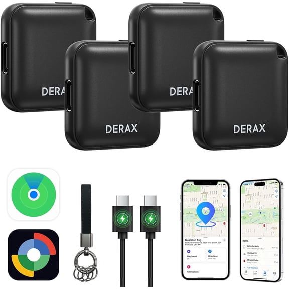 DERAX Bluetooth Tracker (iOS and Android) 4 Pack, Rechargeable Tracker Tags Compatible with iOS and Android, Anti-Lost Item Finder for Keys Wallet Luggage Backpack, Black