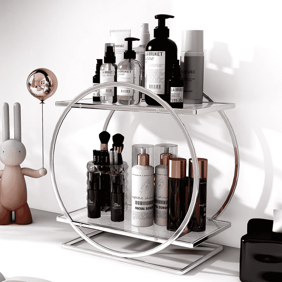 DERCLIVE 2 Tier Bathroom Countertop Organizer, Metal Cosmetic Organizer and Storage, Make up Counter Shelf Perfume Holder Rack Cosmetic Display Tray for Bathroom Counter