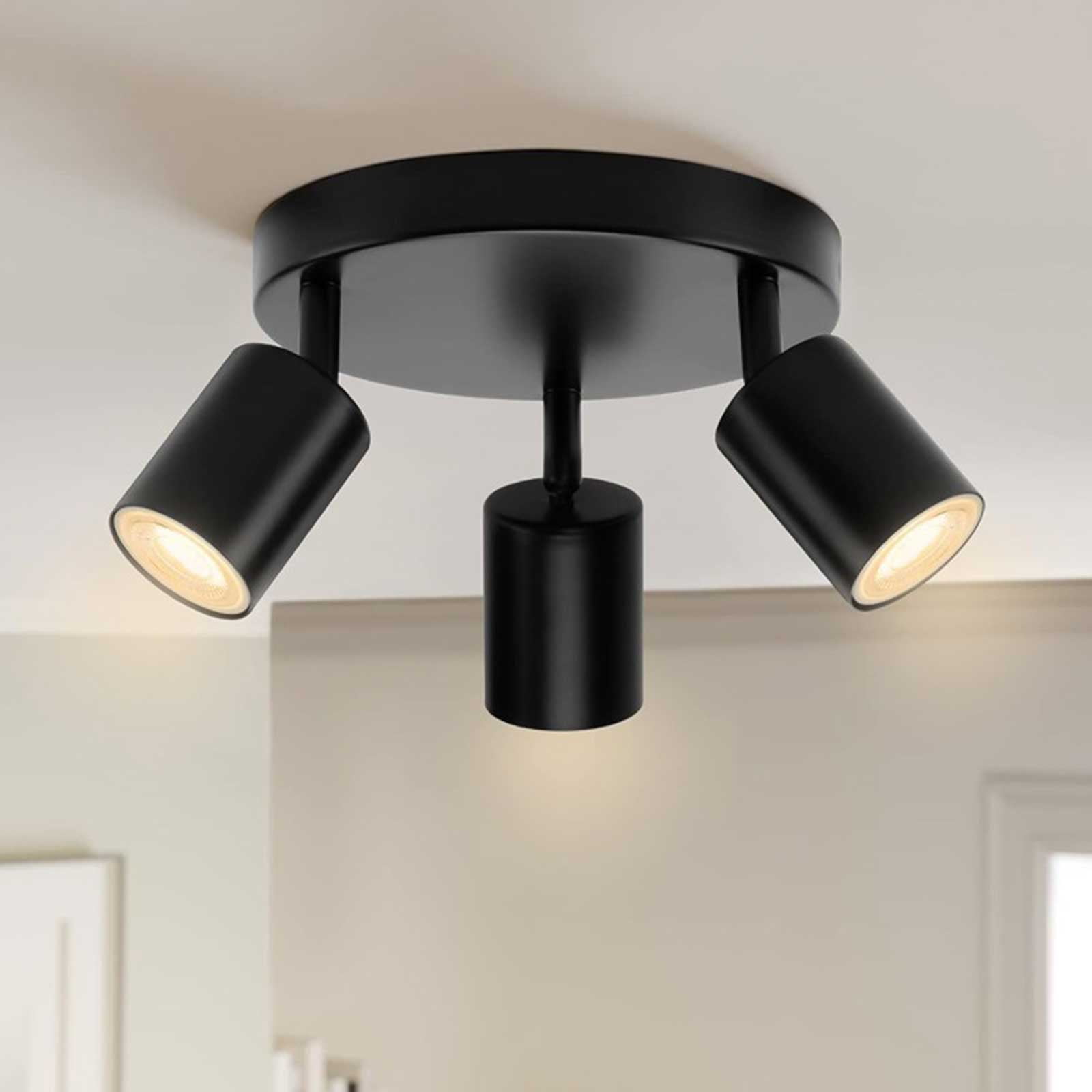 DERCLIVE Ceiling Spotlight Fixture, Adjustable 3-Light Track Lighting,  Round Ceiling Lights, Flexible Swivel Head Ceiling Spotlights for Hallway Kitchen Bedroom Closet Room Porch, Black