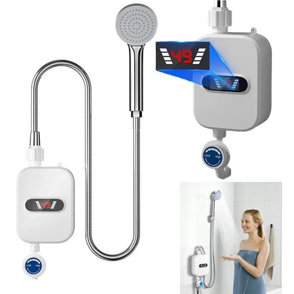 DERCLIVE Electric Tankless Water Heater Shower Head Set, 3000W Instant Hot Water Heater LCD Display for Home, Easy to Install White