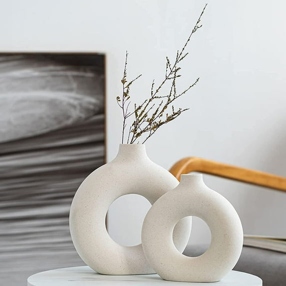 DERCLIVE Modern White Ceramic Vases, Set of 2 Nordic Hollow Flower Frosted Vases for Home Decor, Geometric Centerpiece Decor Vases Gift