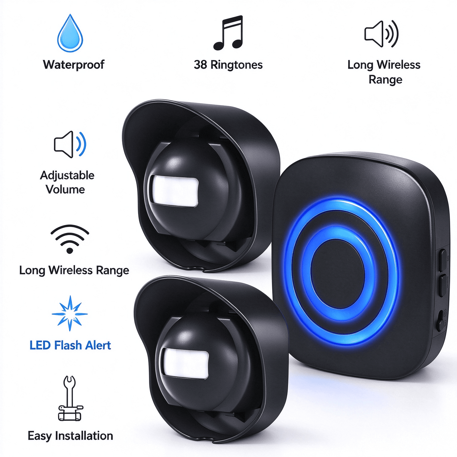 Multifunctional Wireless Driveway Alarm Outside Weatherproof Motion Sensor Alarm 1 Receiver 2 Transmitters with 38 Chimes 200m/656ft Transmission for Indoor Outdoor Use