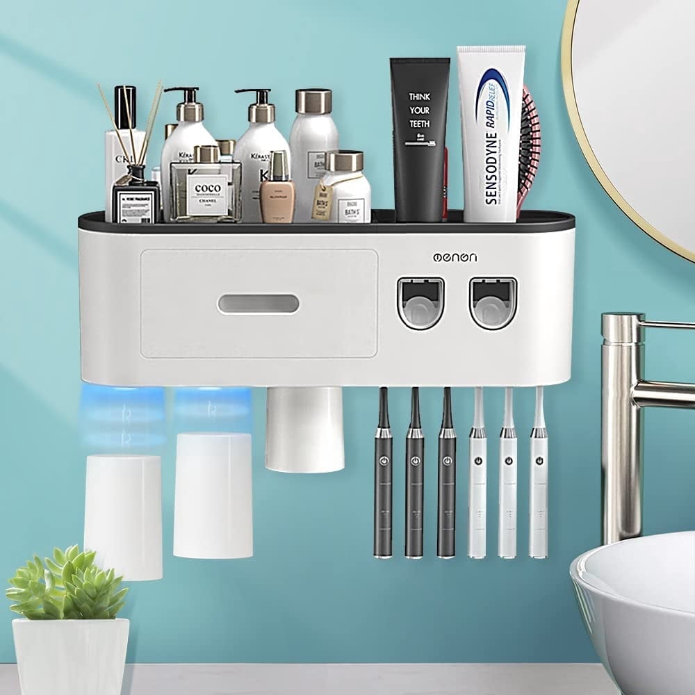 Yolispa Toothbrush Holders for Bathrooms,Automatic Toothpaste Dispenser Wall Mounted Toothbrush Holder with 6 Toothbrush Slots and 3 Cup