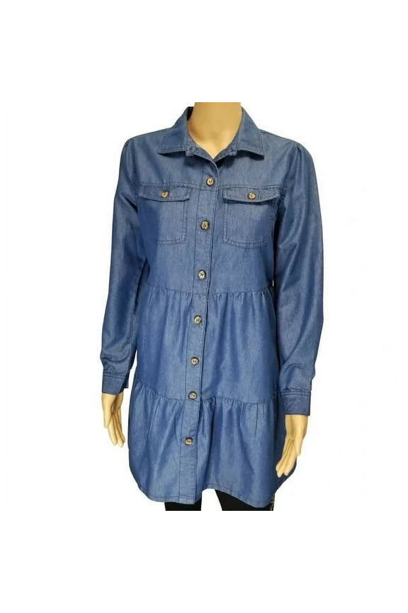 Blue Jean Long Sleeve Tiered Button Down Light Jacket Size Medium