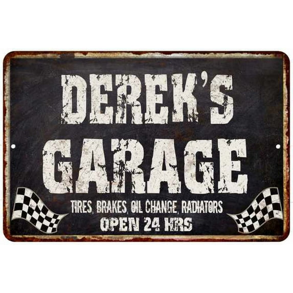 DEREK'S Garage Black Grunge Sign 16 x 24 Matte Finish Metal 116240005151