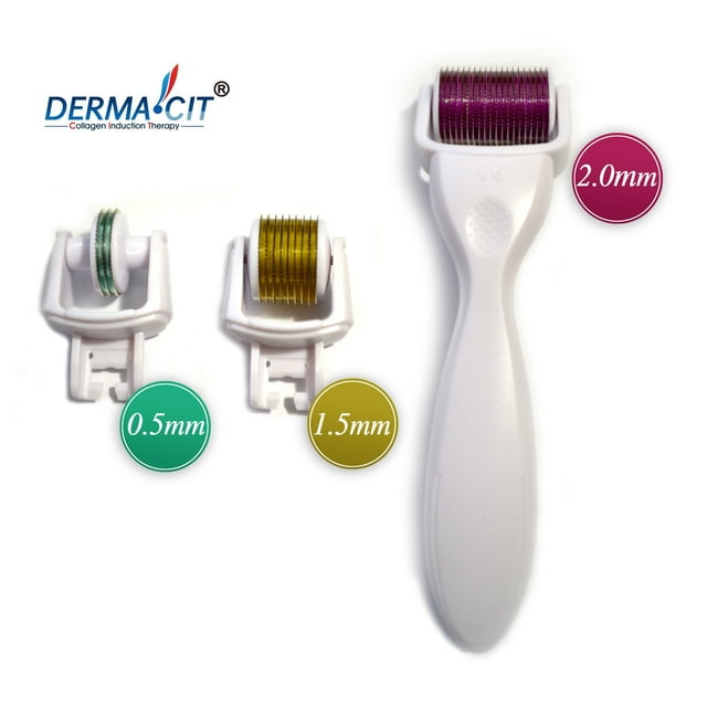 DERMA-CIT 3-In-1  Derma Roller Titanium Micro Needle Skin Care Kit (3 Separate Roller Heads (0.5mm 1.5mm and 2.0mm)