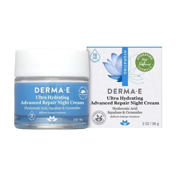 DERMA-E Hydrating Night Cream Overnight Face Moisturizer with Anti-Aging Hyaluronic and Green Tea Acid to Smooth and Nourish, 2 Oz