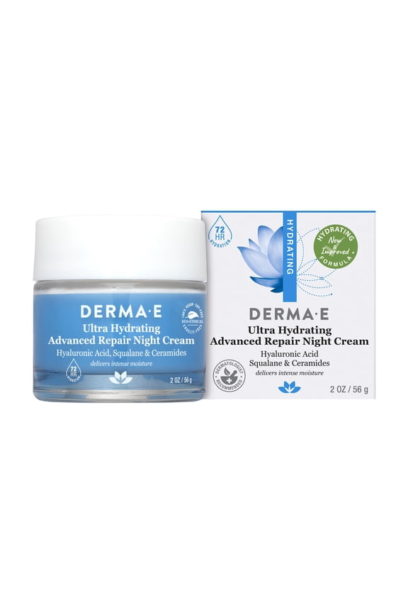 DERMA-E Hydrating Night Cream Overnight Face Moisturizer with Anti-Aging Hyaluronic and Green Tea Acid to Smooth and Nourish, 2 Oz