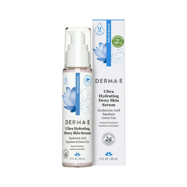DERMA E Ultra Hydrating Dewy Skin Hyaluronic Acid Serum for Face, Anti-Aging Squalane, Vegan, 2 oz