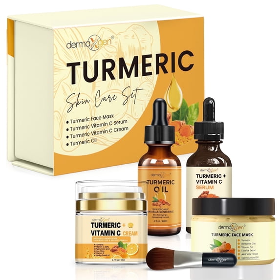 DERMAXGEN Turmeric + 30% Vitamin C Face Glow Boosting Skincare Set – Moisturizer, Serum, Oil & Mask Jar with Brush - Normal, Dry & Oily Skin (Set Of 4)