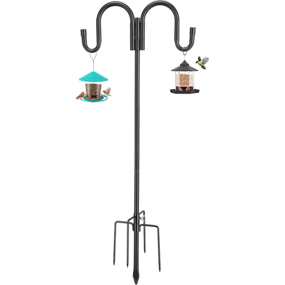 DEROFIT Double Shepherd Hooks for Outdoor, 78 Inch Heavy Duty Bird Feeder Pole with 5 Prong Base, Black Garden Plant Hanger Stands