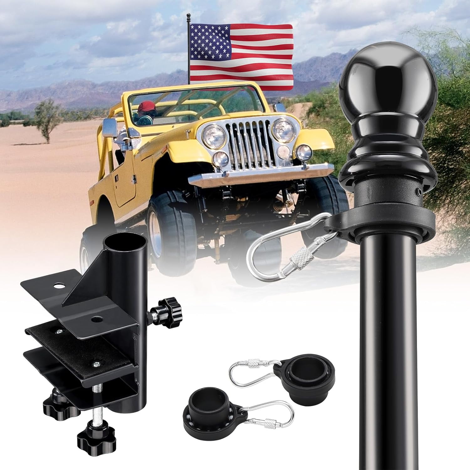 DEROFIT Truck Flag Pole with Mount for Truck Bed, Drilling Free Metal Flagpole for Truck Bed Rail, Pickup, Jeep,6ft (White）