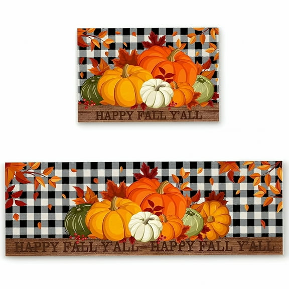 DERONA Fall Kitchen Rugs And Mats, Thanksgiving Kitchen Rug Non-Slip Backing Fall Decorations for Home Seasonal Farmhouse Fall Holiday Autumn Kitchen Floor Mat 16"X47"+16"X24"