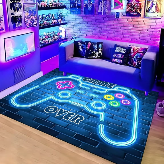 DERONA Gaming Rug for Kids Boy Bedroom Gamer Area Carpet 3D Neon Game Cool Blue Blacklight Living Room Game Room Large Area Rug Teen Boy Room Decor Non-Slip Comfy Floor Mat