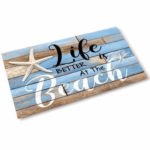 DERONA Indoor Doormat Front Door Welcome Mat Ocean Coastal Starfish Beach Retro Wood Grain Life Is Better at The Beach Non Slip Floor Mat Entryway Rug Durable Low-Profile Mat Home Decor- 16" X 24"