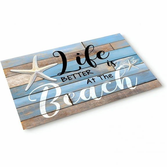DERONA Indoor Doormat Front Door Welcome Mat Ocean Coastal Starfish Beach Retro Wood Grain Life Is Better at The Beach Non Slip Floor Mat Entryway Rug Durable Low-Profile Mat Home Decor- 16" X 24"