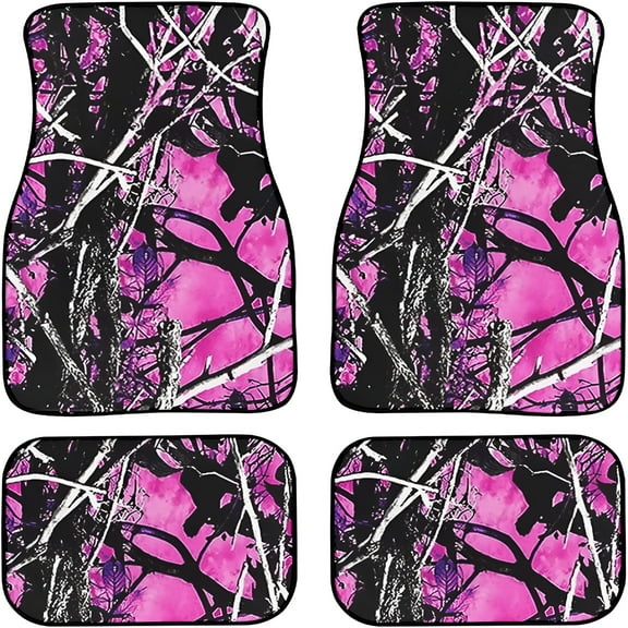 DERONA Lightpink Forest Camo Floor Mat Car Carpet 4 Pieces SUV Trunk Accessories Anti-Slip Auto Car Front and Rear Liner Rug for Women