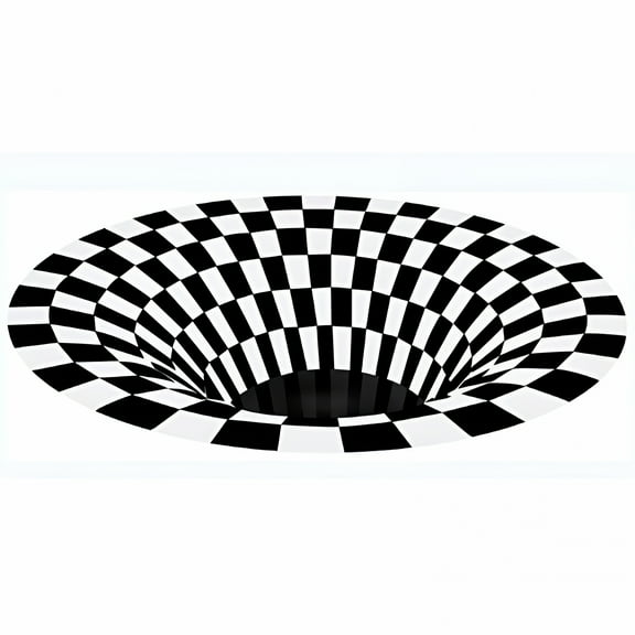 DERONA Round Black White Grid 3D Illusion Vortex Bottomless Hole Carpet Non-Slip Mat for Living Room Coffee Table Bedroom Blanket Non-Slip Mat