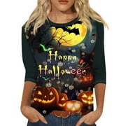 DEROX Halloween Tops for Women 3/4 Sleeve Crew Neck Trendy T Shirts Novelty Pumpkin Face Graphic Tunic Blouses Casual Hocus Pocus Fall Clothing Black S