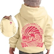 DEROX Hoodies for Teen Girls Pink Palm Puff Hoodie Oversized Aesthetic Letter Print Long Sleeve Sweatshirt Y2k Autumn Clothing with Pocket Beige 5-6Years