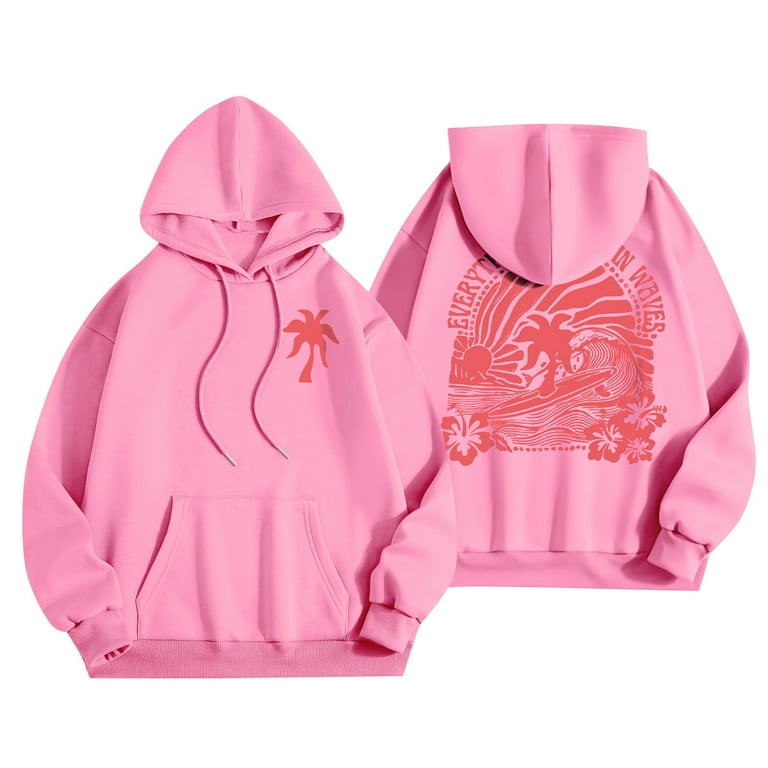 DEROX Hoodies for Teen Girls Pink Palm Puff Hoodie Print Drawstring Preppy Long Sleeve Pullover Oversized Graphic Sweatshirts 2024 Fall Asthetic Clothing with Pocket Pink M Walmart