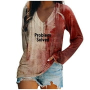 DEROX Long Sleeve Shirts for Women Casual V Neck T-Shirt Novelty Problem Solved Bloody Blouses Trendy Party Clothes Khaki 3XL