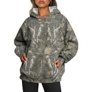 DEROX Oversized Hoodies for Women Camo Hoodie Loose Fit Aesthetic Maple Leaf Print Long Sleeve Sweatshirt for Women Camouflage Fall Clothing with Pocket Dark Green XL