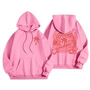 DEROX Pink Palm Puff Hoodie for Women Oversized Print Drawstring Long Sleeve Pullover Graphic Hoodies Sweatshirt Preppy Casual 2024 Fall Clothes with Pocket Pink 2XL