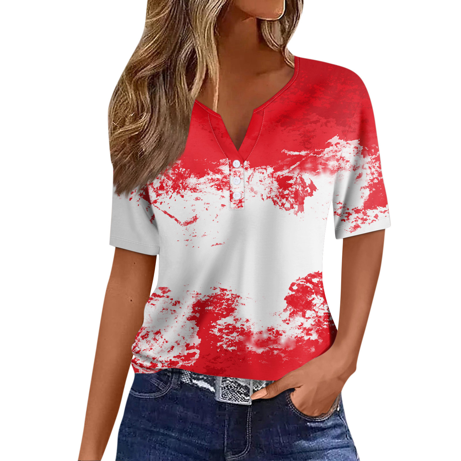 DEROX Short Sleeve Tops for Women Tie Dye TShirts Casual Button Down