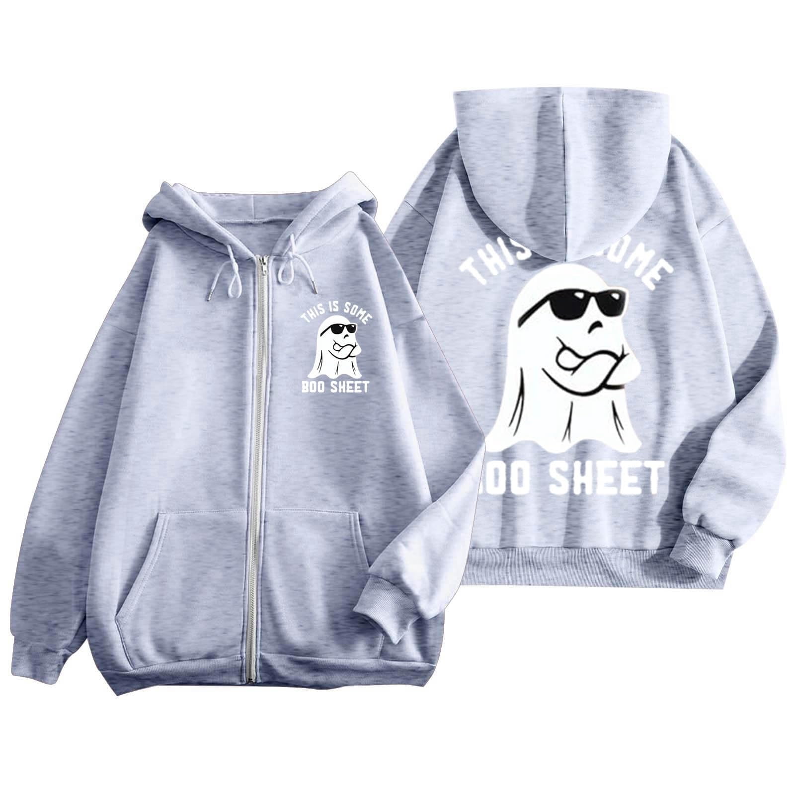 DEROX Womens Hoodies Horror Cute Ghost Print Hoodie Casual Long Sleeve