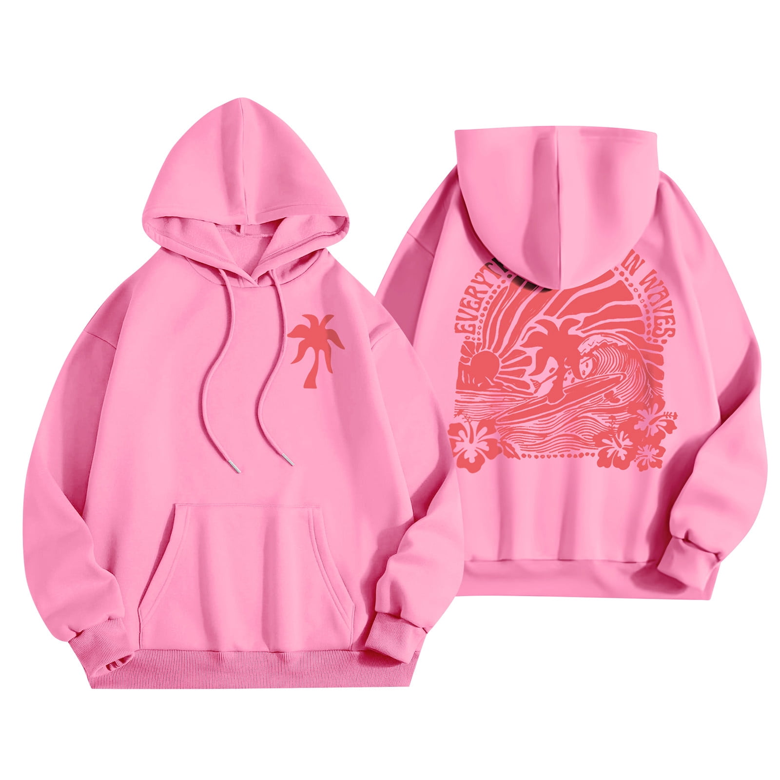 DEROX Womens Hoodies Pink Palm Puff Hoodie Oversized Casual Drawstring