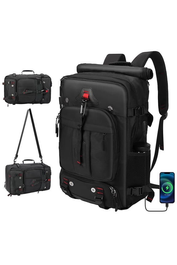 Convertible Travel Backpack & Duffel Bag - Airline-Approved Carry-On w/ Laptop Sleeve & USB Port, Black