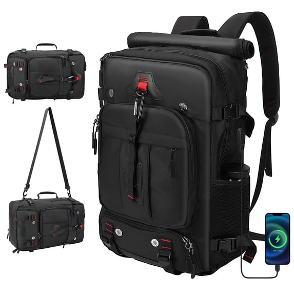 DERSTUEWE Convertible Travel Backpack & Duffel Bag - Airline-Approved Carry-On w/ Laptop Sleeve & USB Port, Black