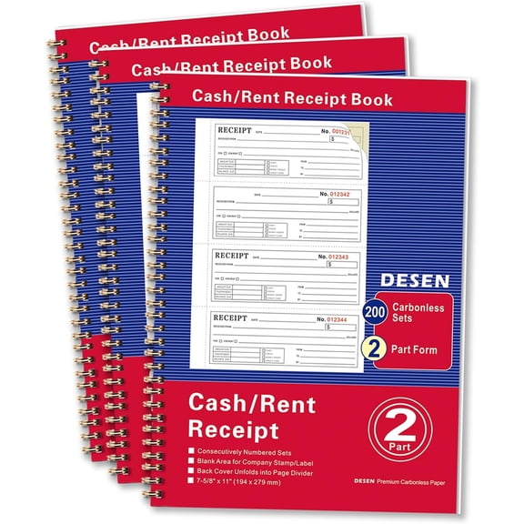 DESEN 2-Part Carbonless Money and Rent Receipt Book, 7-5/8" x 11", Spiral Bound, Thick Paper, 200 Sets per Book, 4 Receipts per Page
