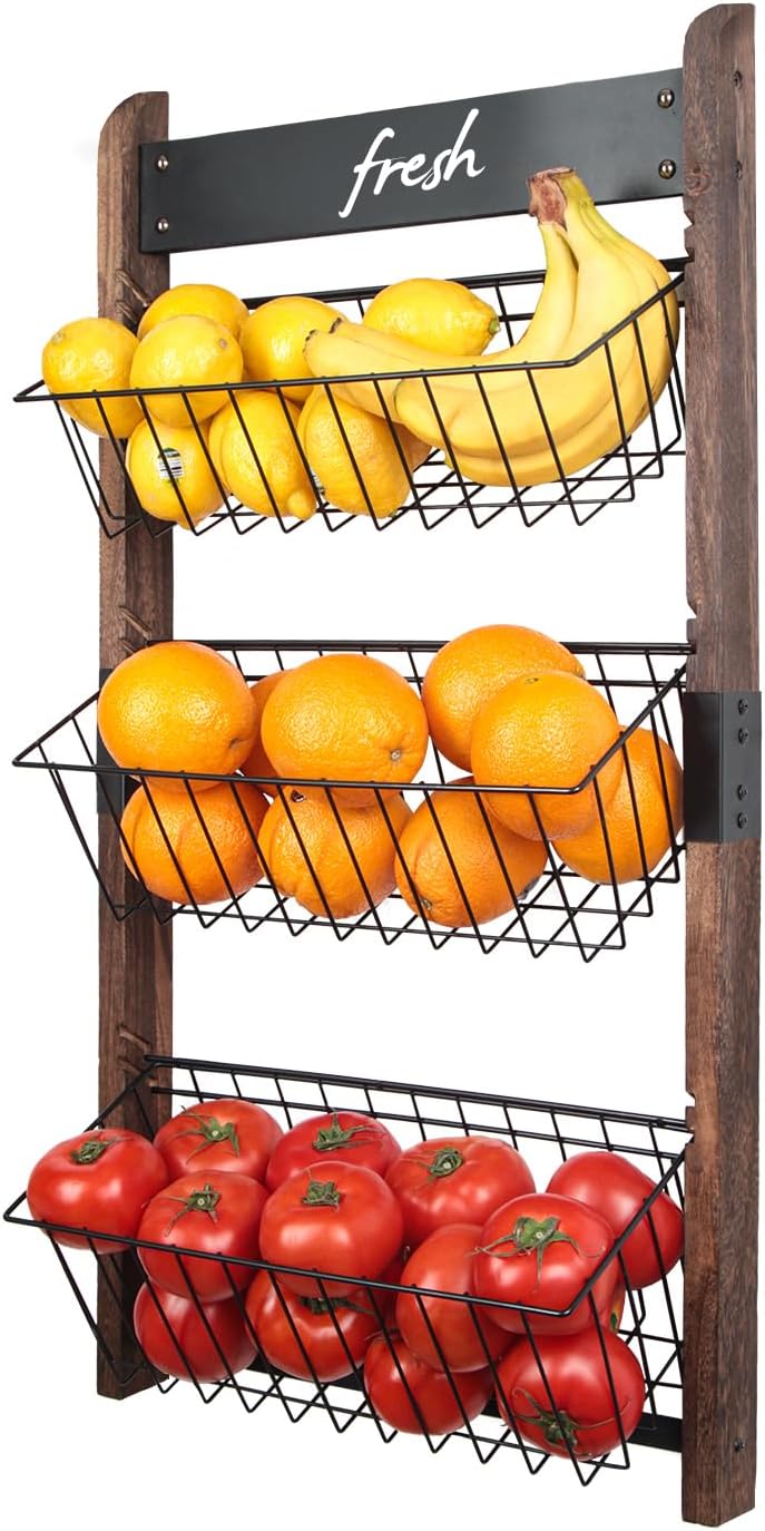 DESIGN 3 Tier Wall Mount Fruit Basket, Hanging Wire Fruit Vegetable