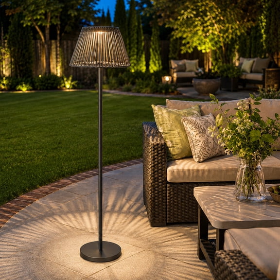 Design Accents Solar Outdoor Floor Lamp Waterproof with Adjustable Height Stand and Rattan-Style Shade, Rechargeable for Patio, Garden, Backyard