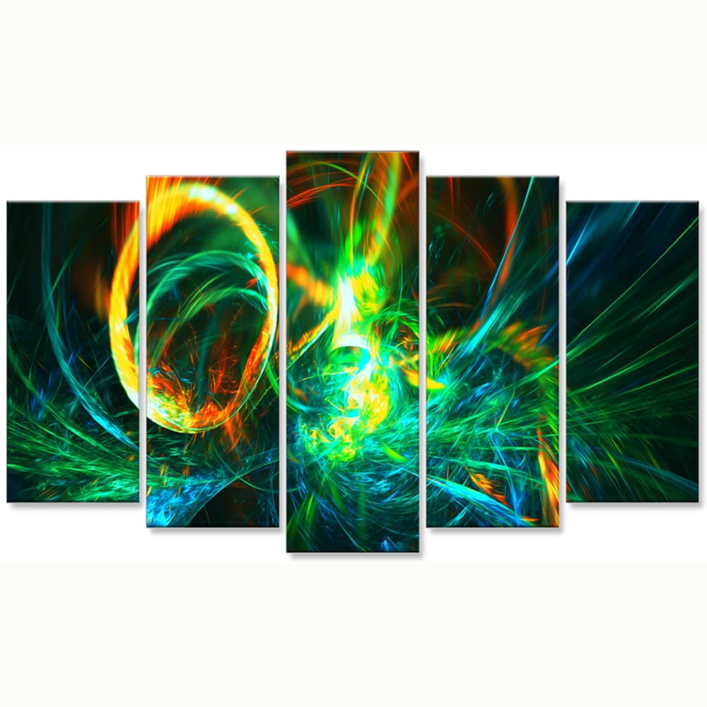 DESIGN ART Abstract "Fire Green" 4-piece Canvas Art Print 60 in. wide x 32 in. high - 5 Panels Diamond Shape