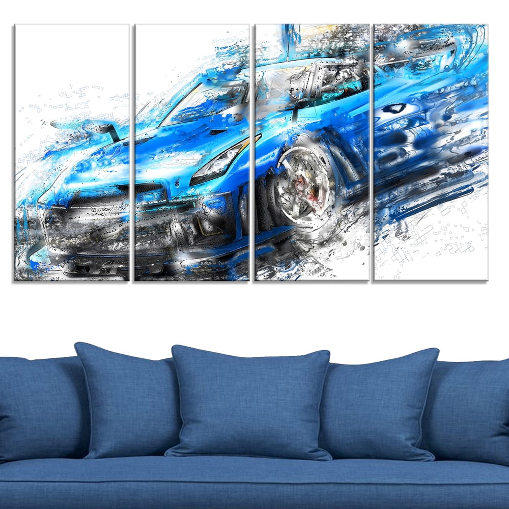 DESIGN ART Burning Rubber Blue Super Car Large Gallery Wrapped Canvas