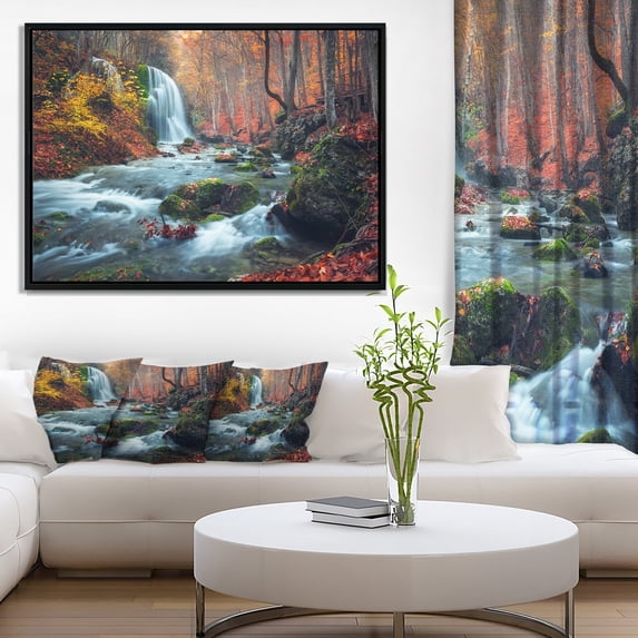 DESIGN ART Designart 'Autumn Mountain Waterfall Long View' Landscape Photography Framed Canvas Print
