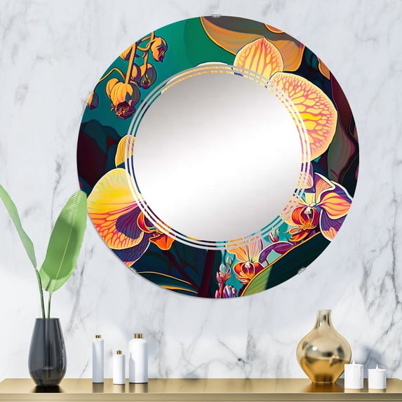 DESIGN ART Designart 'Blossoming Orchid In Bright Retro Colors V' Printed Floral Orchid Wall Mirror 32in.x32in.