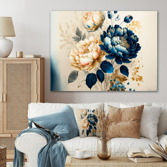 DESIGN ART Designart 'Blue And Gold Floral Bunch II' Floral & Botanical Canvas Wall Art 44 in. wide x 34 in. high