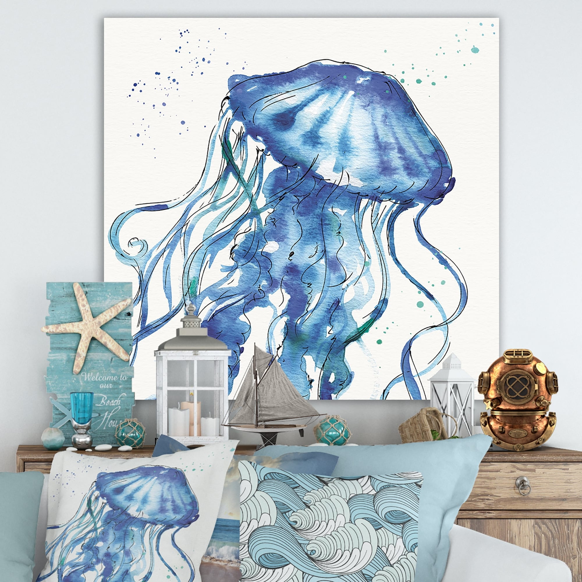 Blue Deep Sea Jellyfish Coastal Canvas Art 16" x 16"